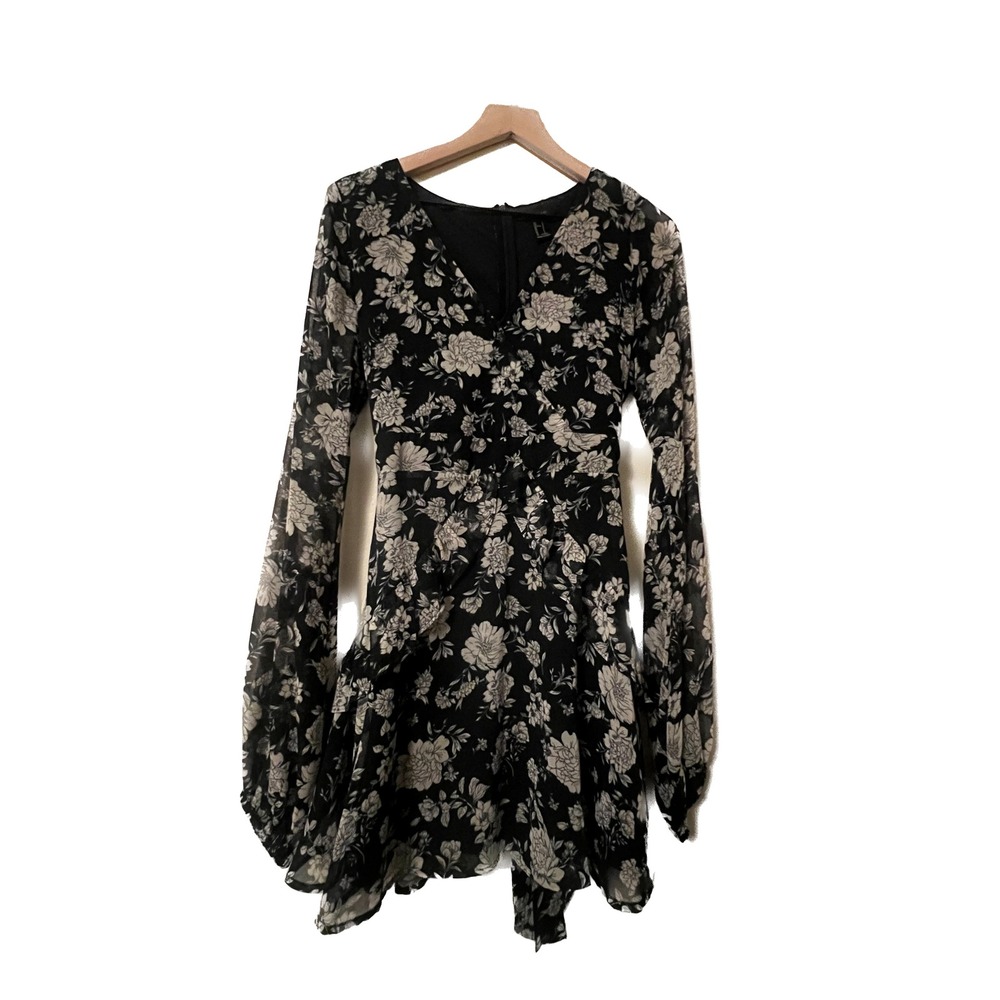 Forever 21 Girls Floral Long Sleeve Dress Black White Tiered Ruffle Large